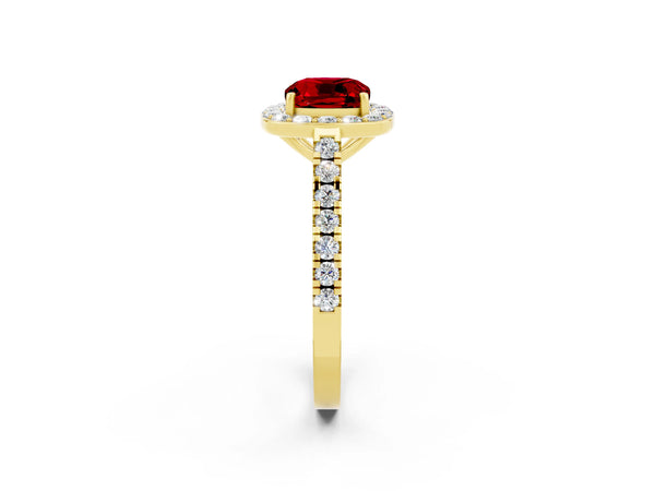 Yellow gold Cushion Cut Ruby Halo Ring with Round Pavé Split Shank and Prong Setting