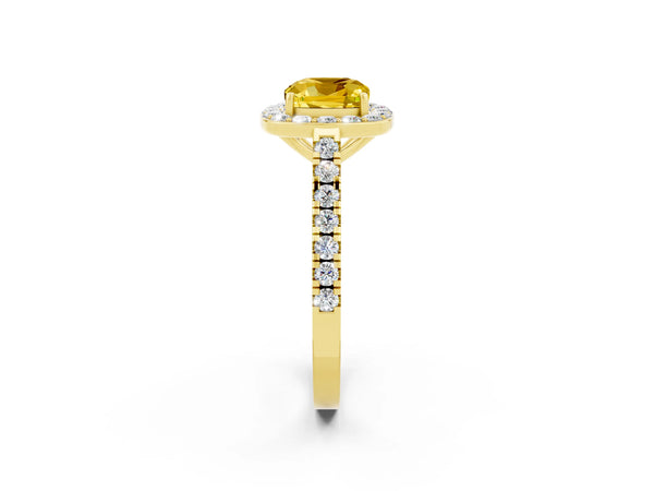 Yellow gold Cushion Cut Yellow Sapphire Halo Ring with Round Pavé Split Shank and Prong Setting