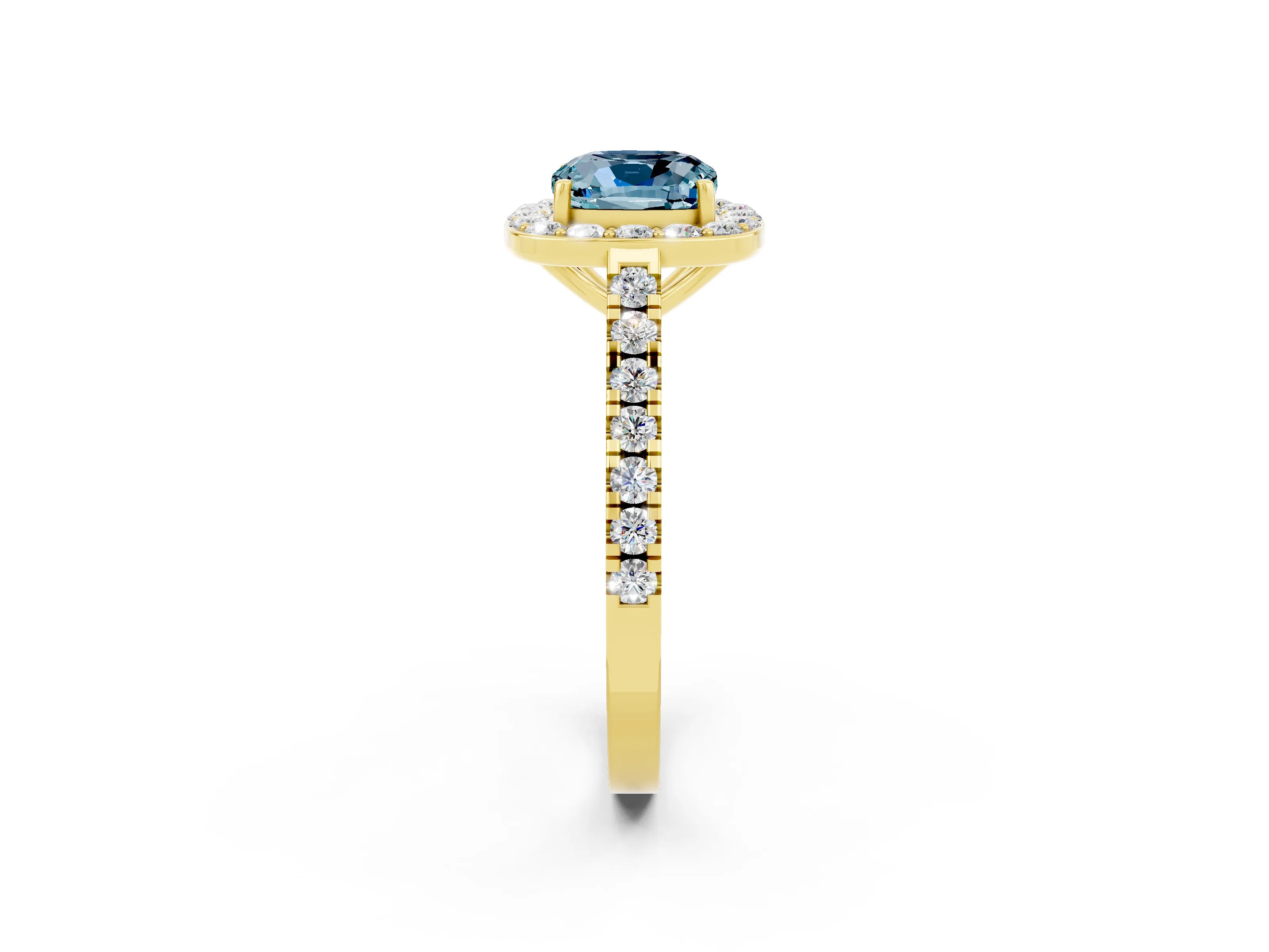 Yellow gold Cushion Cut Halo Diamond Ring with Pavé Band and Three-Prong Setting_2