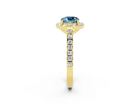Yellow gold Cushion Cut Halo Diamond Ring with Pavé Band and Three-Prong Setting_2