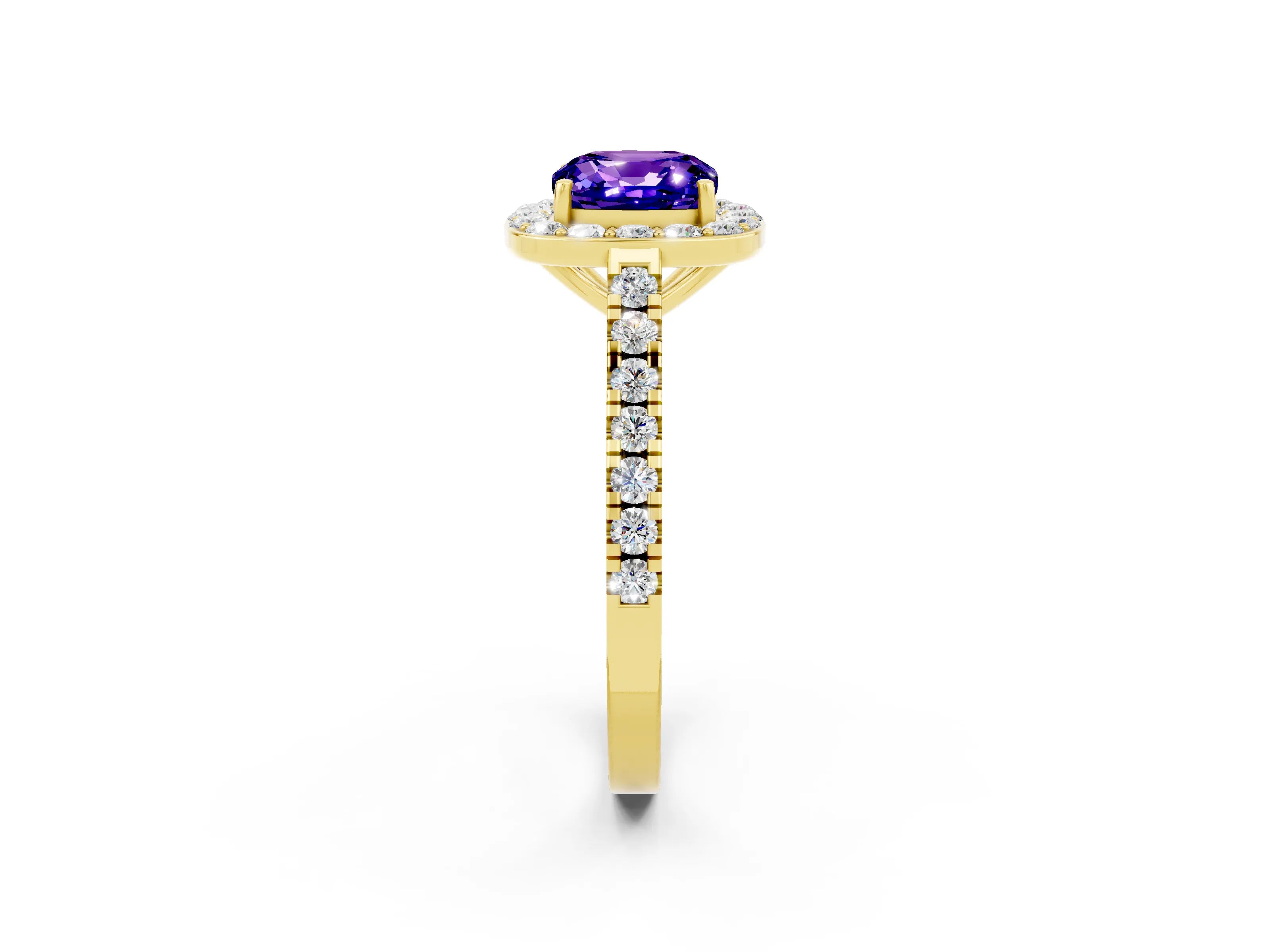 Yellow gold Cushion Cut Halo Diamond Ring with Pavé Band and Three-Prong Setting_2