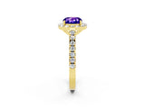 Yellow gold Cushion Cut Halo Diamond Ring with Pavé Band and Three-Prong Setting_2