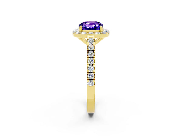 Yellow gold Cushion Cut Tanzanite Halo Ring with Round Pavé Split Shank and Prong Setting