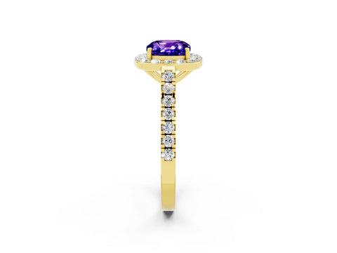 Yellow gold Cushion Cut Halo Diamond Ring with Pavé Band and Three-Prong Setting_2