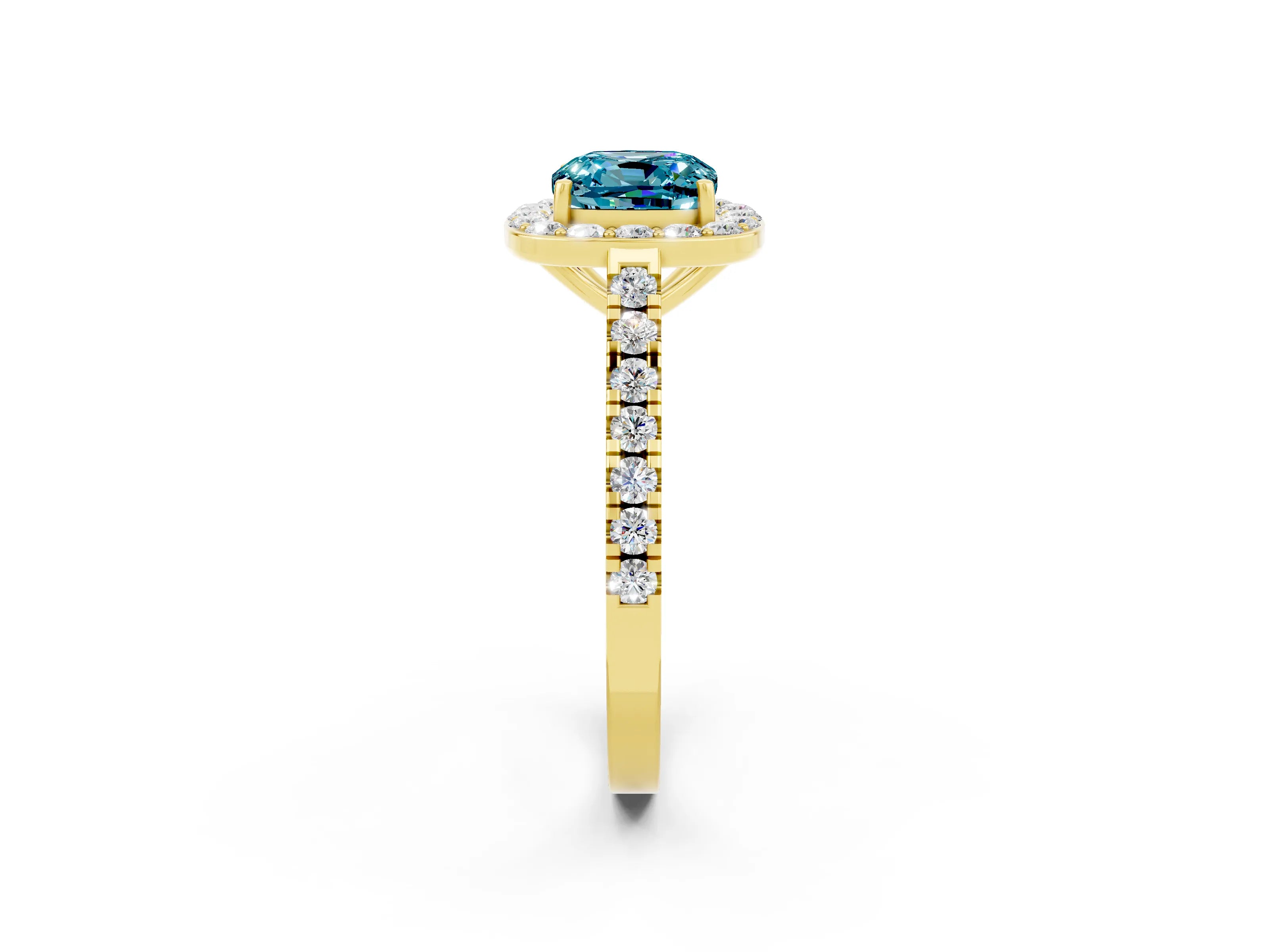 Yellow gold Cushion Cut Halo Diamond Ring with Pavé Band and Three-Prong Setting_2