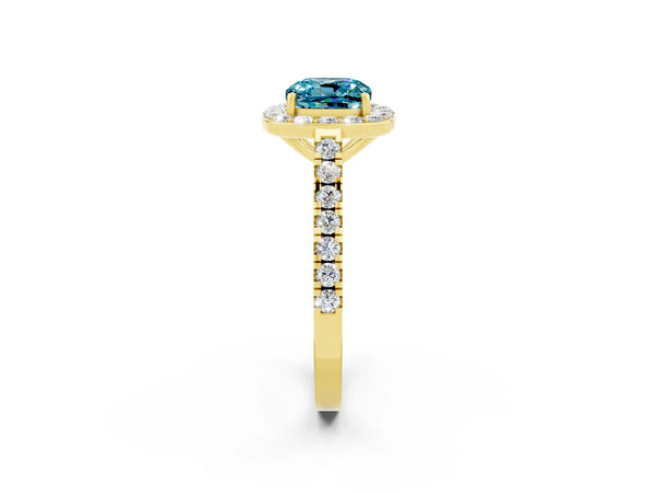Yellow gold Cushion Cut Halo Diamond Ring with Pavé Band and Three-Prong Setting