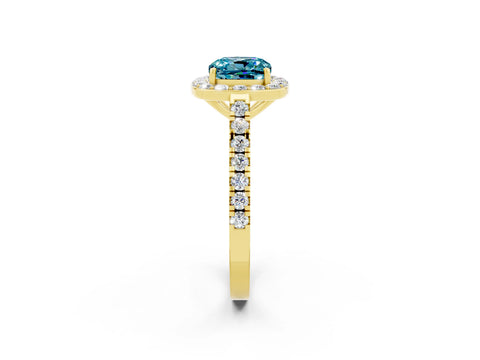 Yellow gold Cushion Cut Halo Diamond Ring with Pavé Band and Three-Prong Setting_2