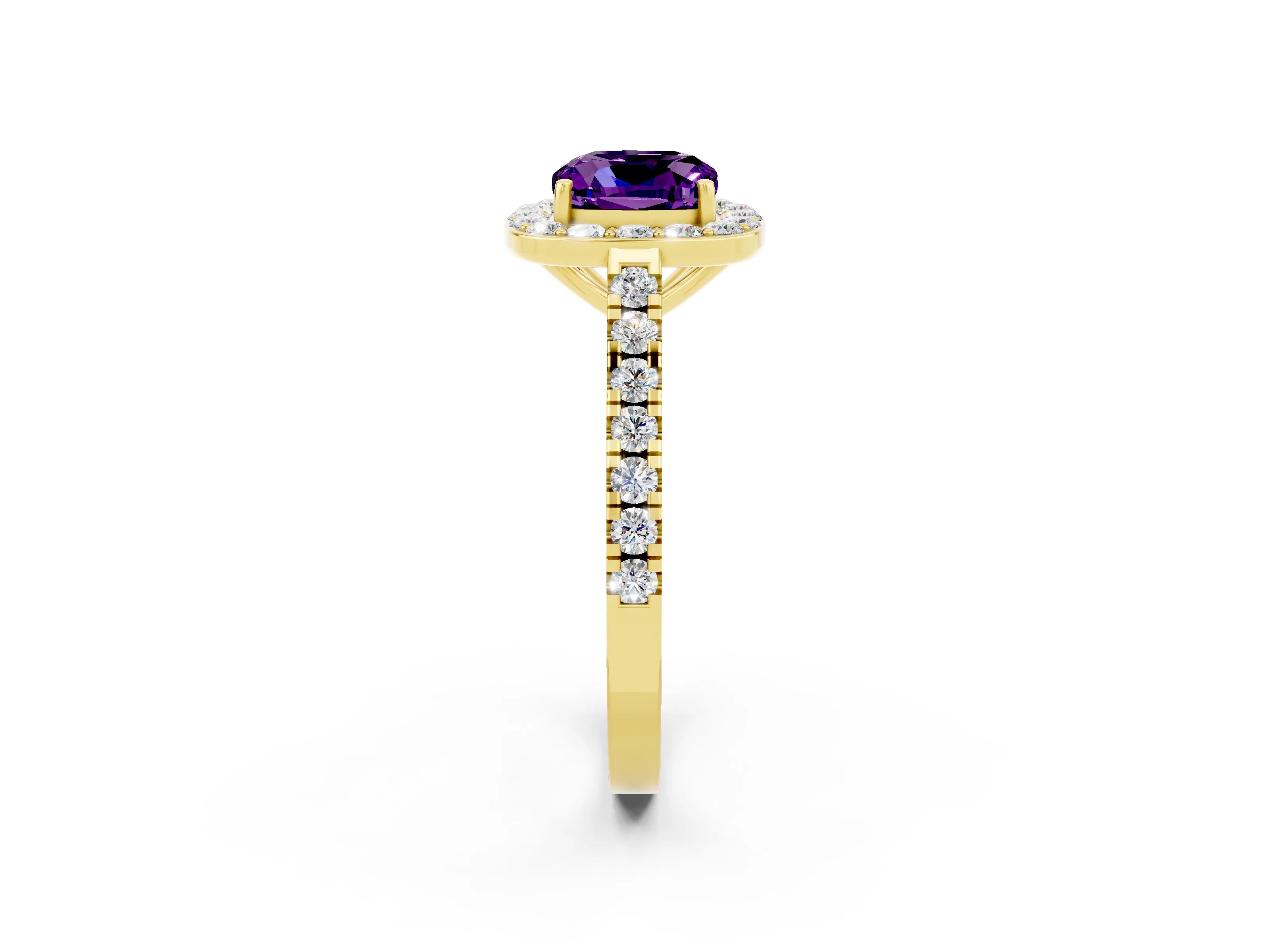 Yellow gold Cushion Cut Halo Diamond Ring with Pavé Band and Three-Prong Setting_2