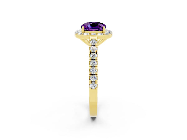 Yellow gold Cushion Cut Amethyst Halo Ring with Round Pavé Split Shank and Prong Setting