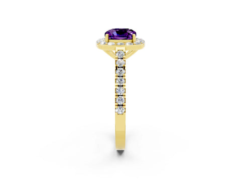 Yellow gold Cushion Cut Halo Diamond Ring with Pavé Band and Three-Prong Setting_2