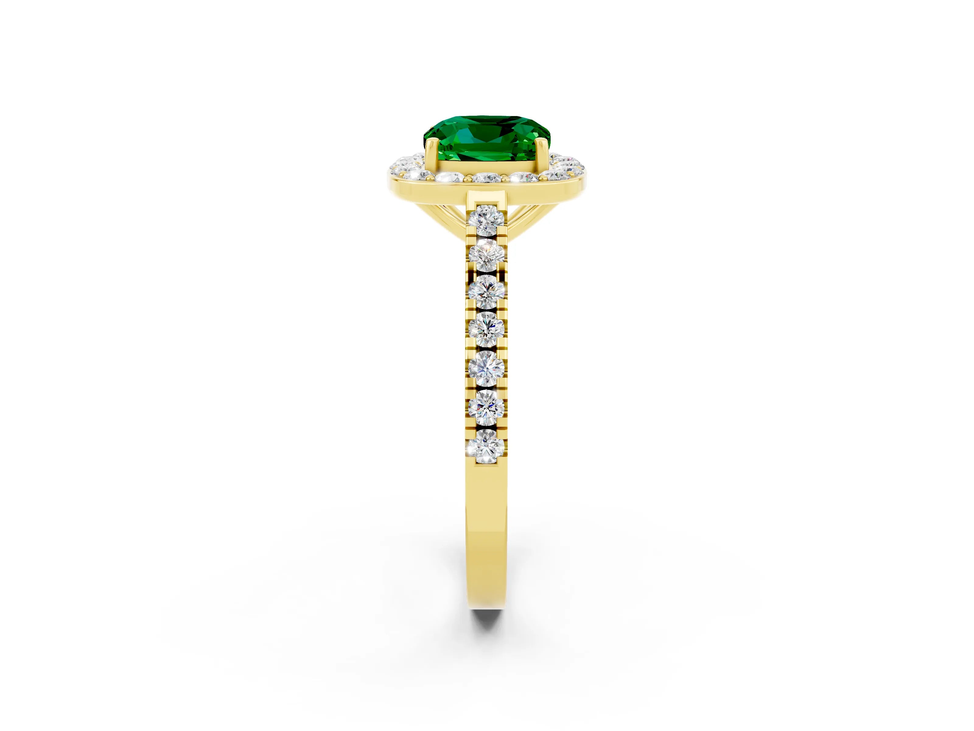 Yellow gold Cushion Cut Halo Diamond Ring with Pavé Band and Three-Prong Setting_2