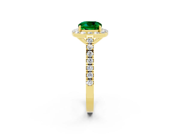 Yellow gold Cushion Cut Emerald Halo Ring with Round Pavé Split Shank and Prong Setting