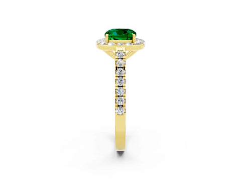 Yellow gold Cushion Cut Halo Diamond Ring with Pavé Band and Three-Prong Setting_2