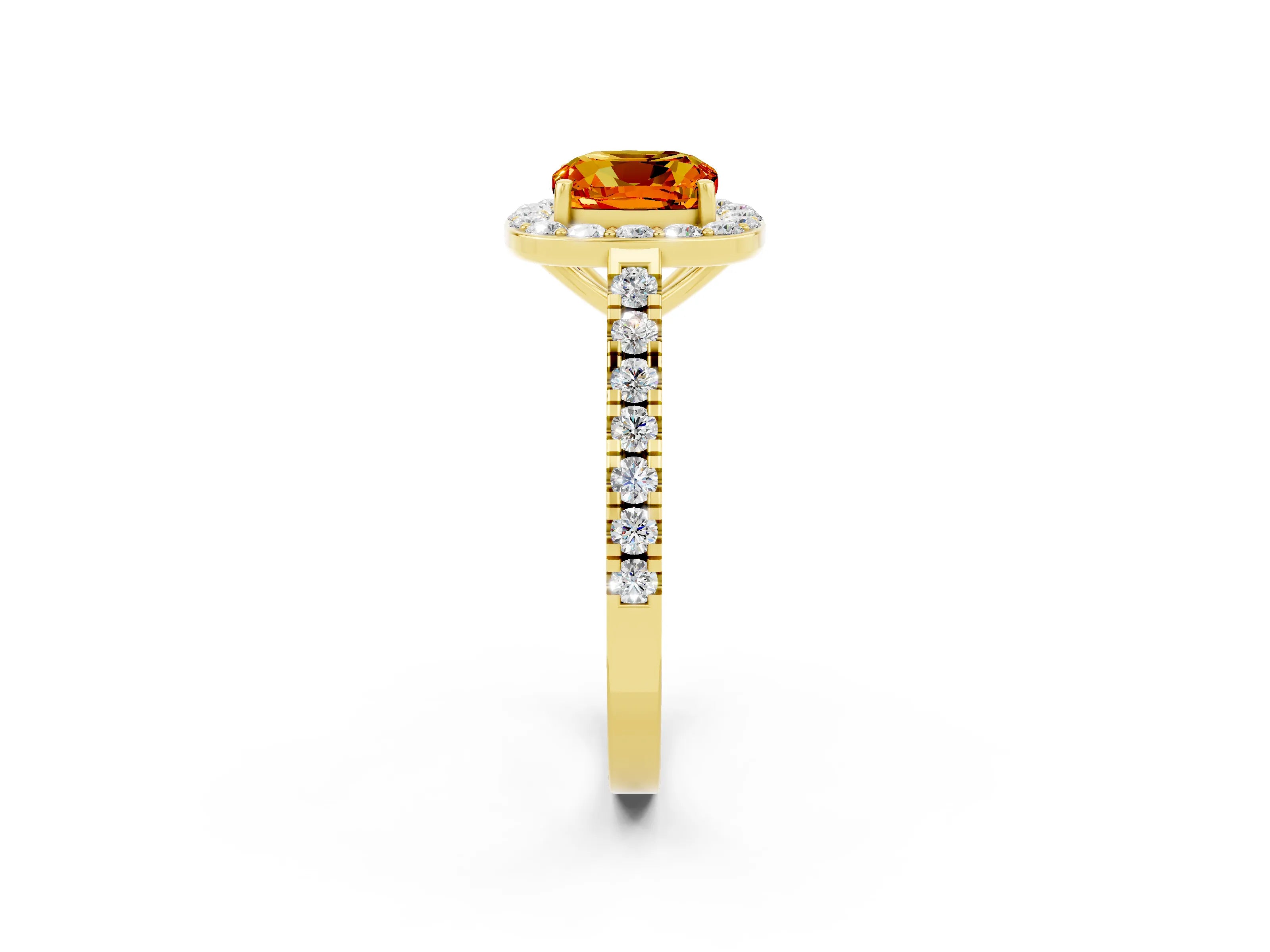 Yellow gold Cushion Cut Halo Diamond Ring with Pavé Band and Three-Prong Setting_2