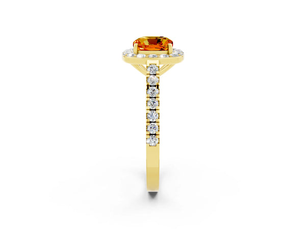 Yellow gold Cushion Cut Citrine Halo Ring with Round Pavé Split Shank and Prong Setting