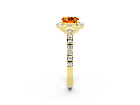 Yellow gold Cushion Cut Halo Diamond Ring with Pavé Band and Three-Prong Setting_2