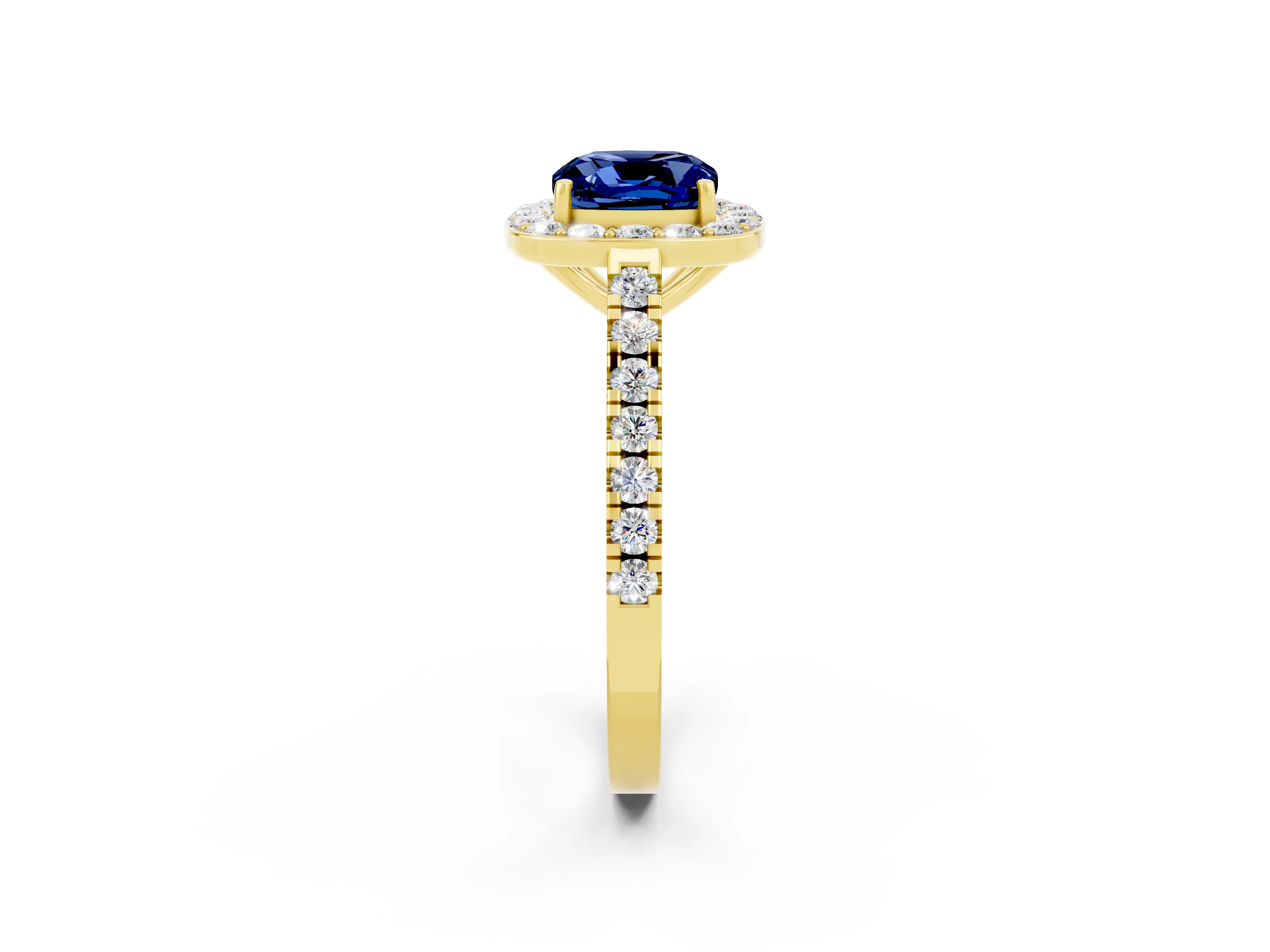 Yellow gold Cushion Cut Halo Diamond Ring with Pavé Band and Three-Prong Setting_2