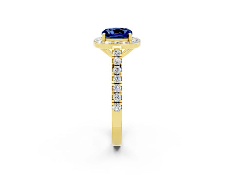 Yellow gold Cushion Cut Halo Diamond Ring with Pavé Band and Three-Prong Setting_2