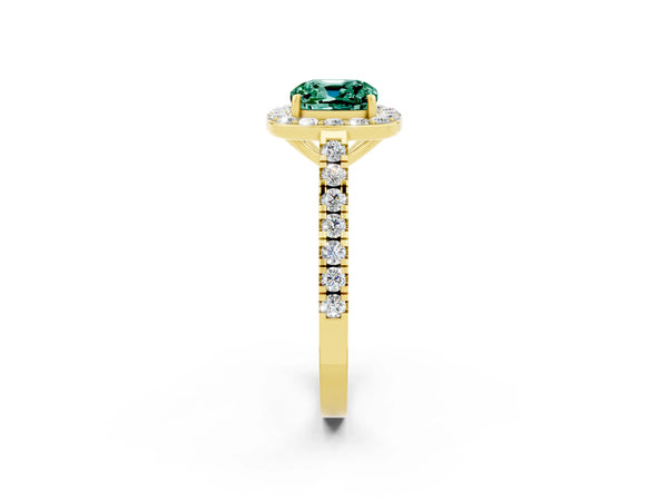 Yellow gold Cushion Cut Green Sapphire Halo Ring with Round Pavé Split Shank and Prong Setting