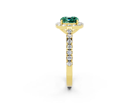 Yellow gold Cushion Cut Halo Diamond Ring with Pavé Band and Three-Prong Setting_2