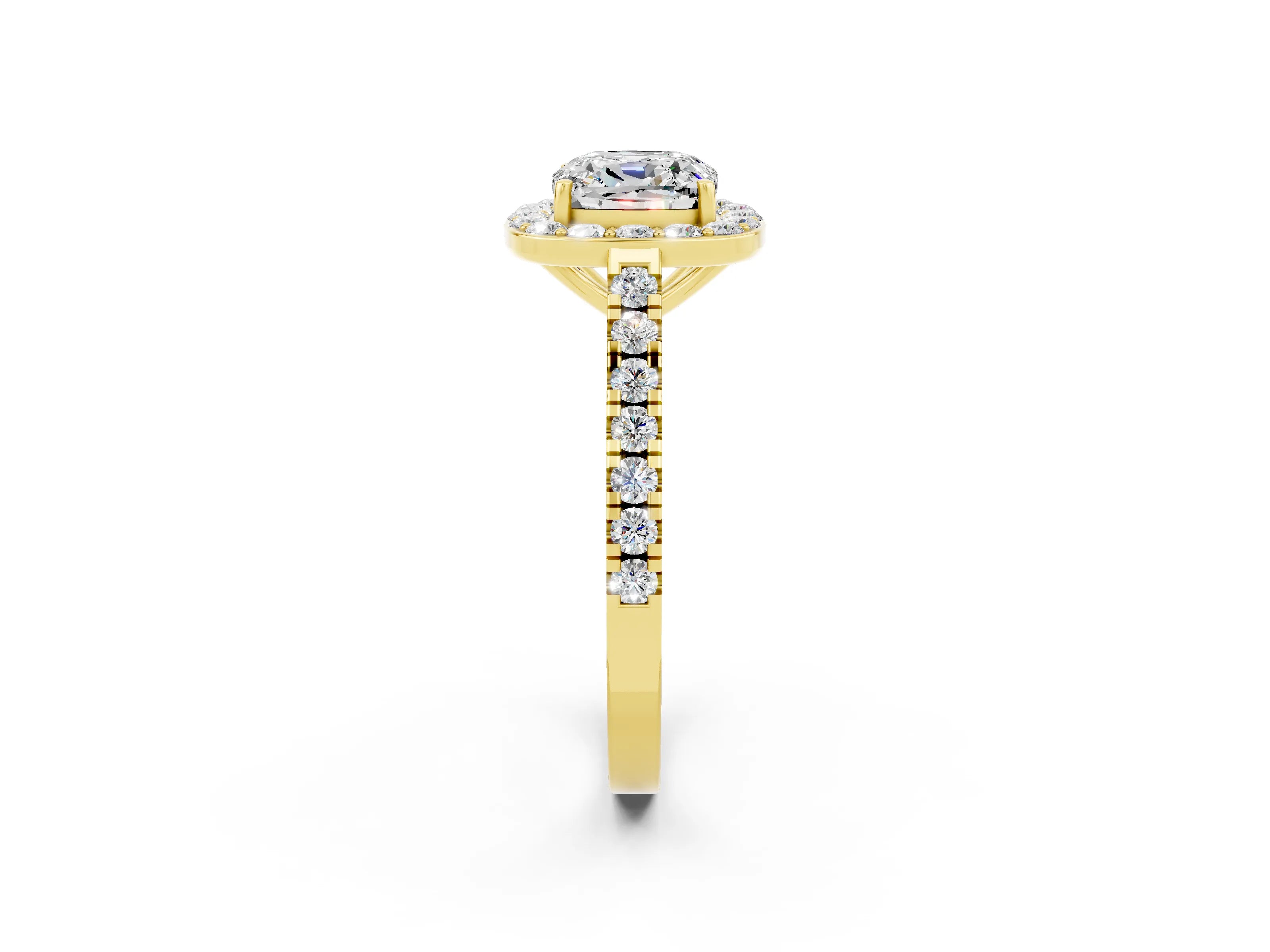Yellow gold Cushion Cut Halo Diamond Ring with Pavé Band and Three-Prong Setting_2