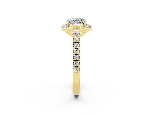 Yellow gold Cushion Cut Moissanite Halo Ring with Round Pavé Split Shank and Prong Setting