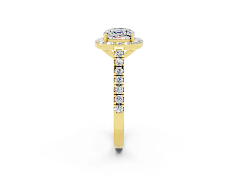 Yellow gold Cushion Cut Halo Diamond Ring with Pavé Band and Three-Prong Setting_2