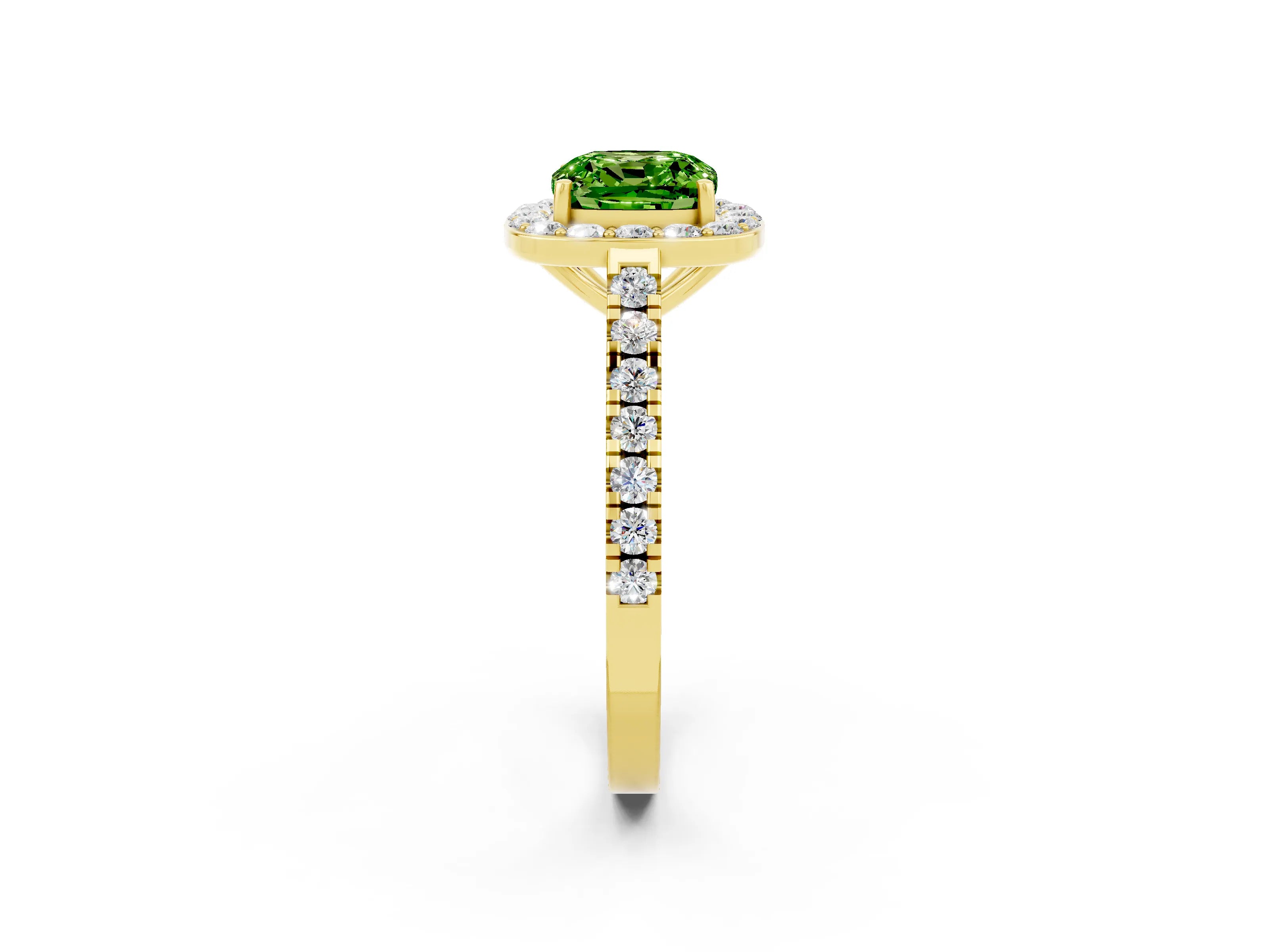 Yellow gold Cushion Cut Halo Diamond Ring with Pavé Band and Three-Prong Setting_2