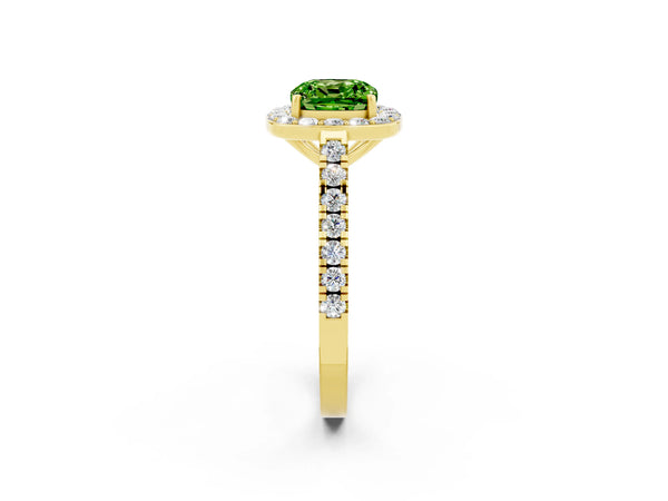 Yellow gold Cushion Cut Halo Diamond Ring with Pavé Band and Three-Prong Setting