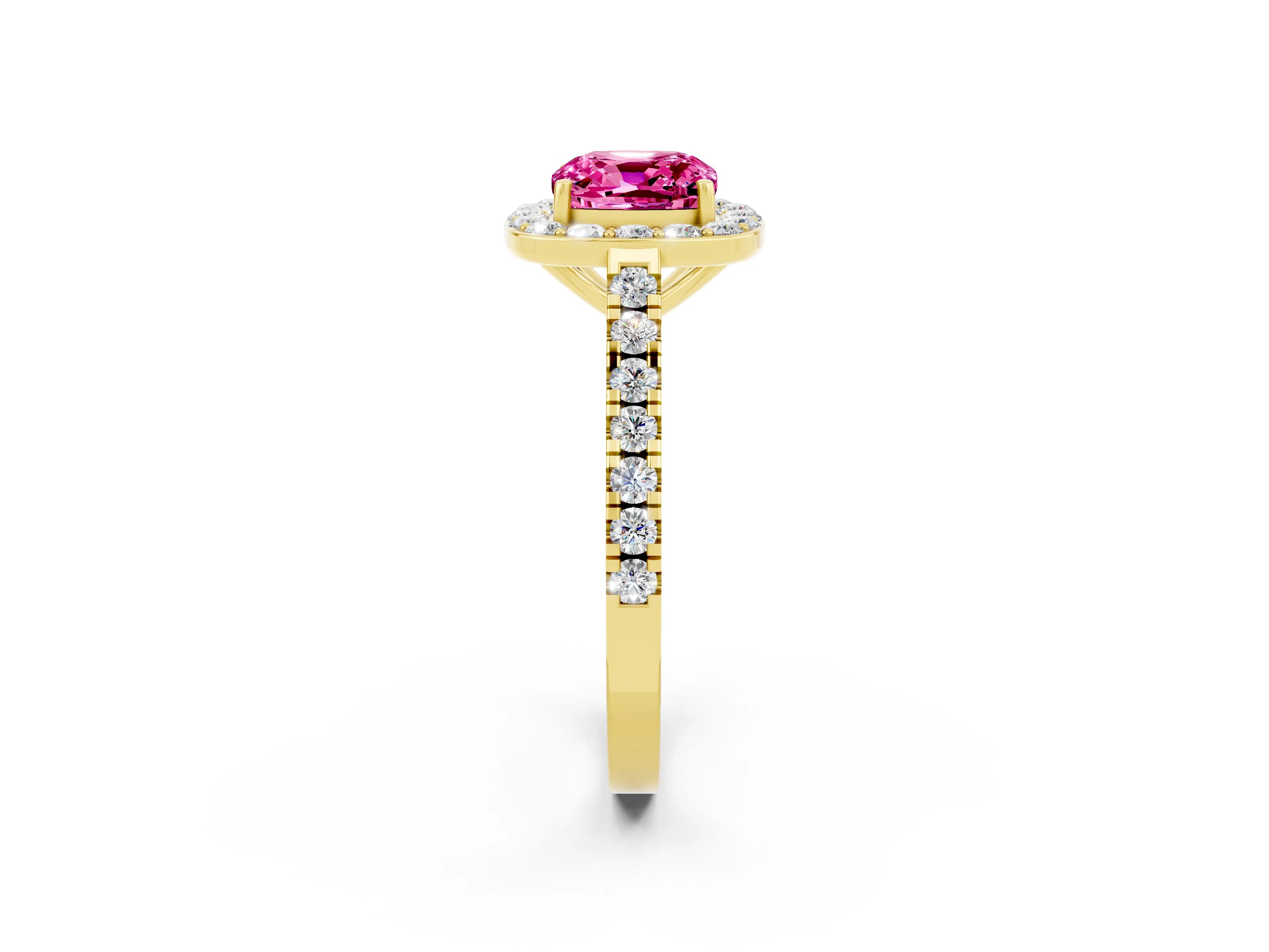 Yellow gold Cushion Cut Halo Diamond Ring with Pavé Band and Three-Prong Setting_2