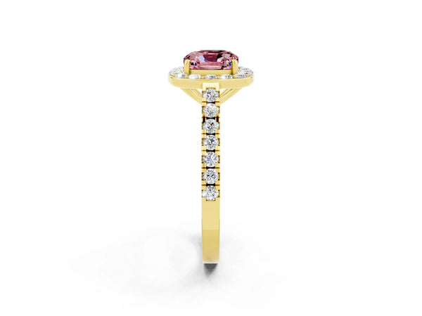 Yellow gold Cushion Cut Halo Diamond Ring with Pavé Band and Three-Prong Setting