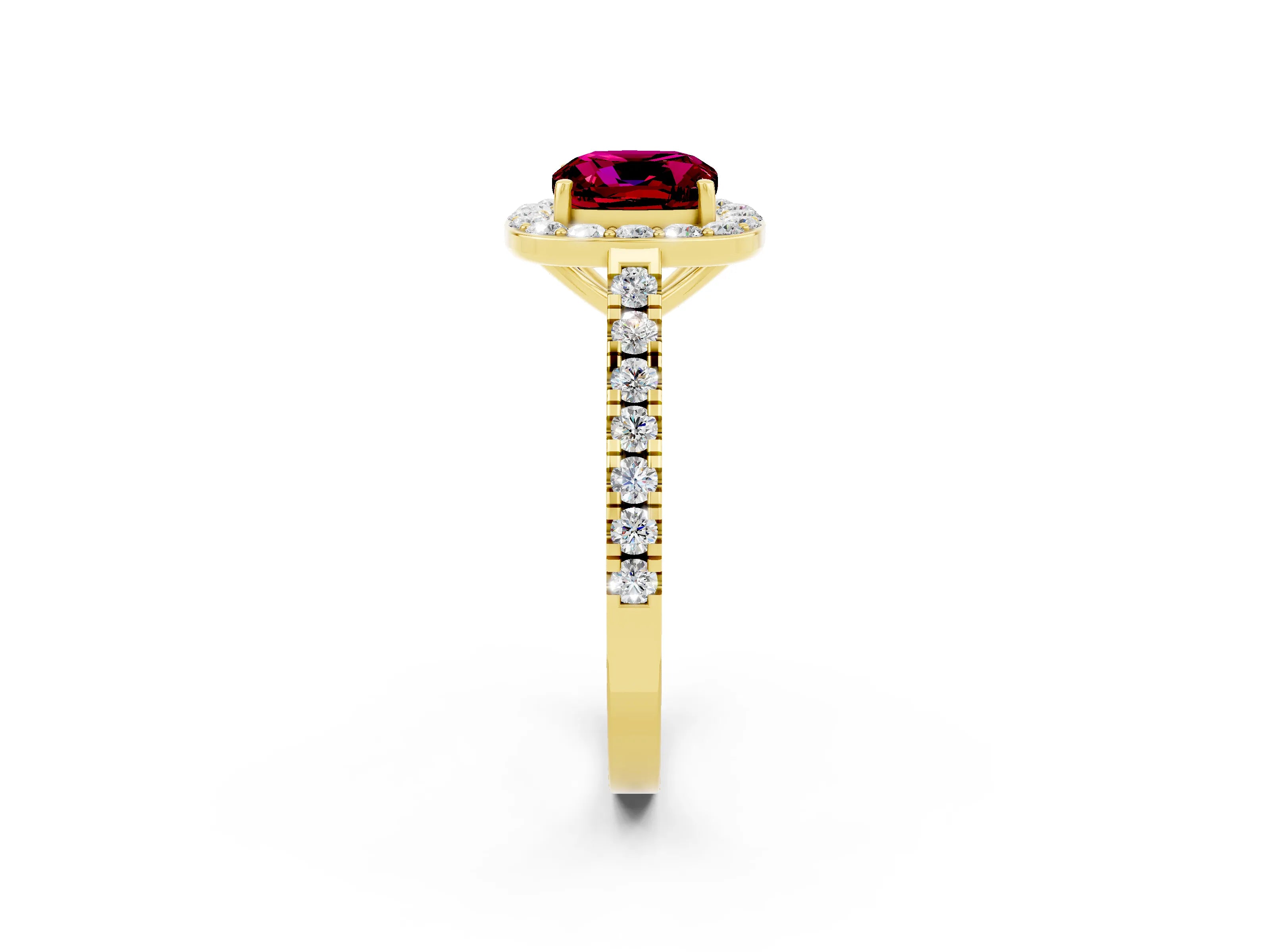Yellow gold Cushion Cut Halo Diamond Ring with Pavé Band and Three-Prong Setting_2