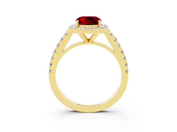 Yellow gold Cushion Cut Ruby Halo Ring with Round Pavé Split Shank and Prong Setting