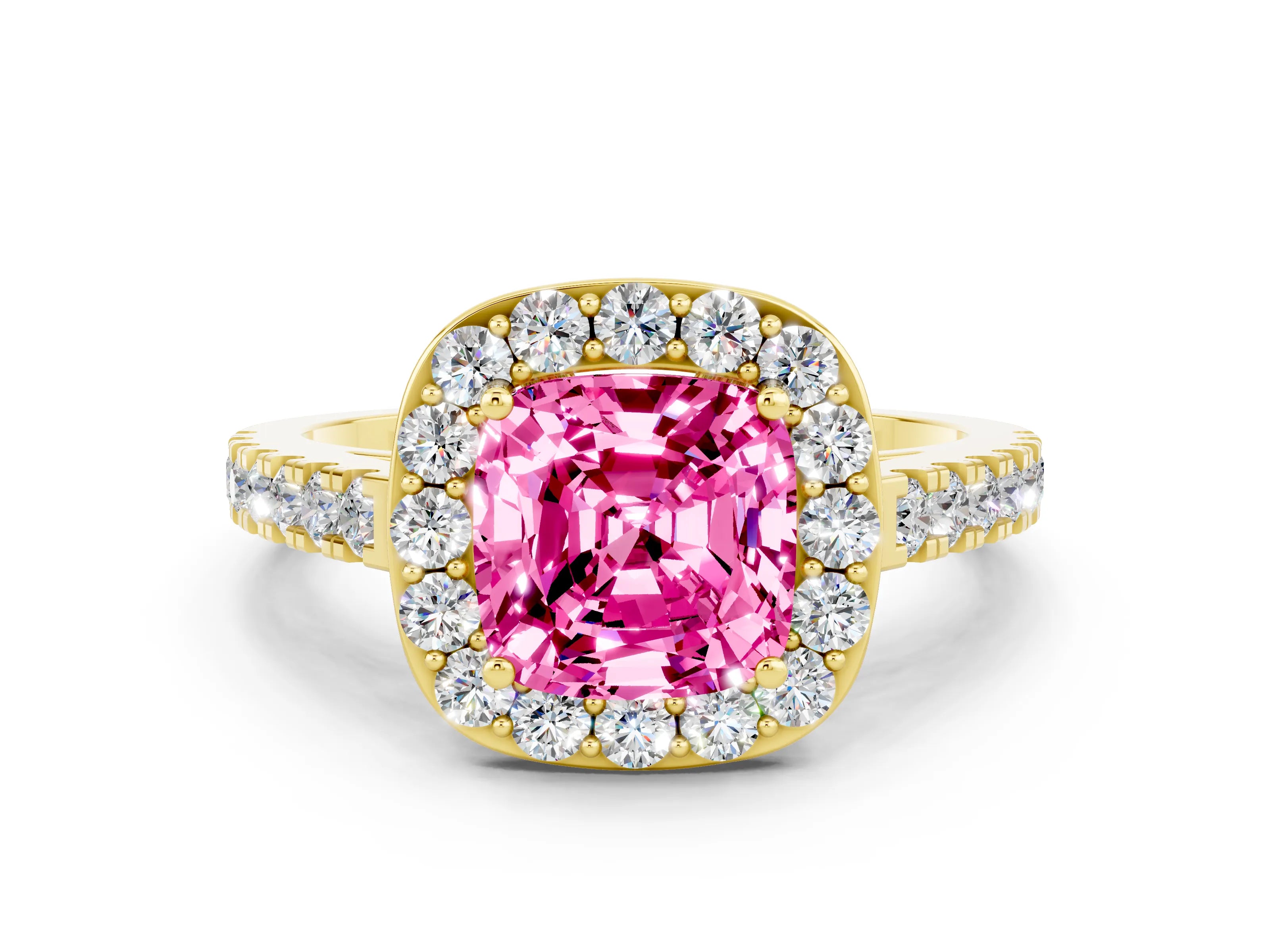 Yellow gold Cushion Cut Halo Diamond Ring with Pavé Band and Three-Prong Setting