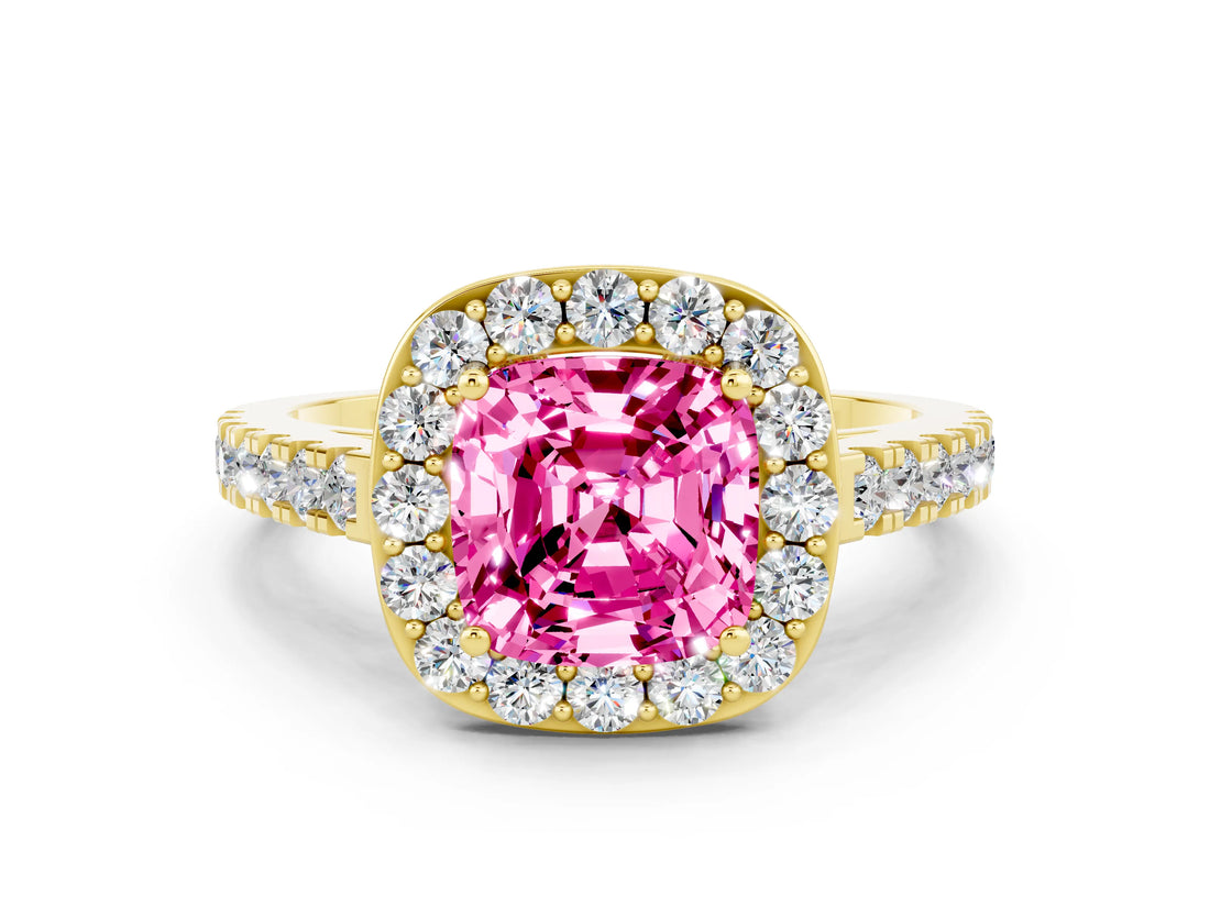 Yellow gold Cushion Cut Halo Diamond Ring with Pavé Band and Three-Prong Setting