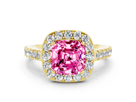 Yellow gold Cushion Cut Halo Diamond Ring with Pavé Band and Three-Prong Setting
