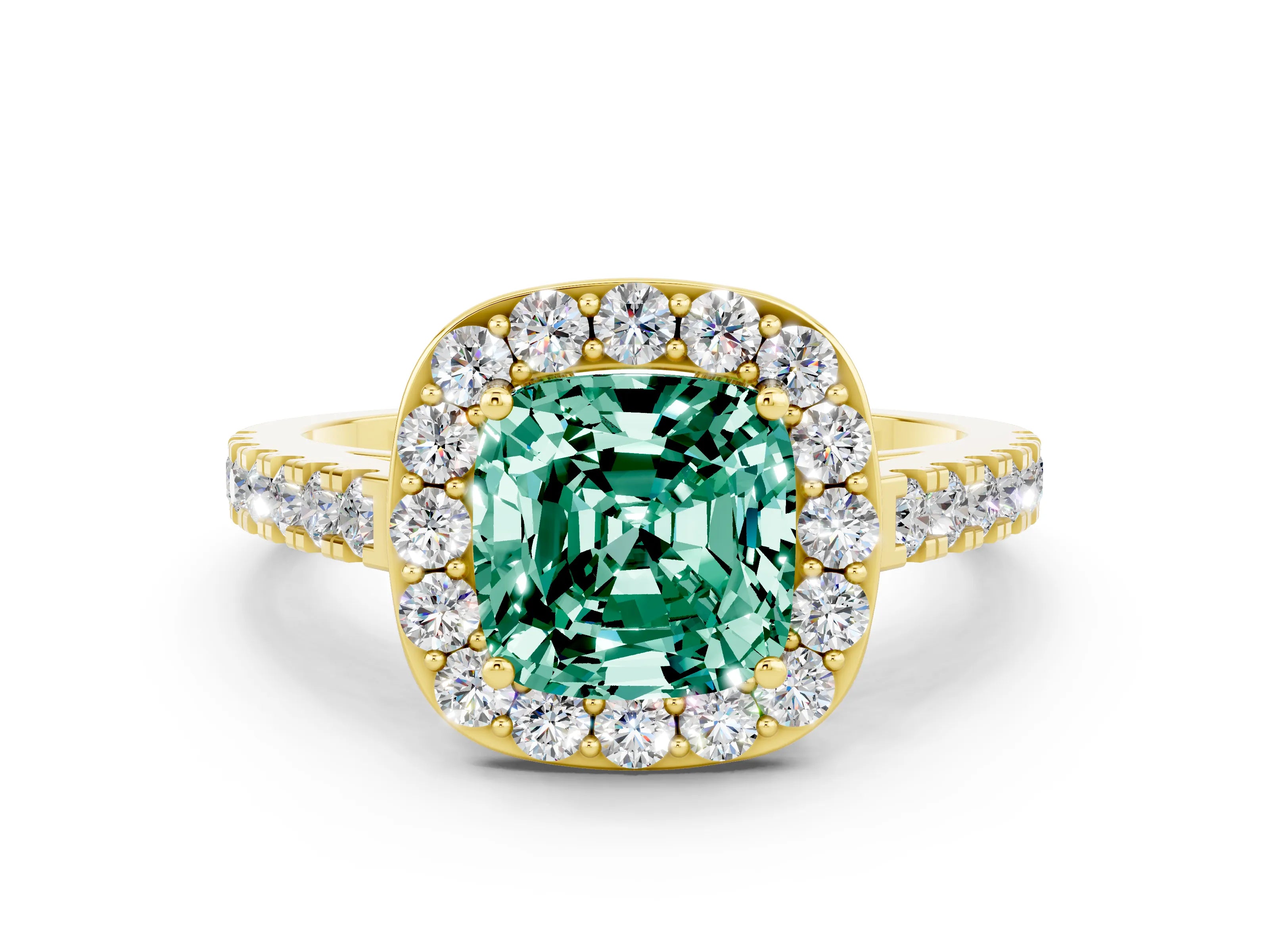 Yellow gold Cushion Cut Halo Diamond Ring with Pavé Band and Three-Prong Setting