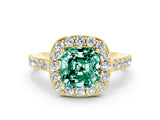Yellow gold Cushion Cut Halo Diamond Ring with Pavé Band and Three-Prong Setting