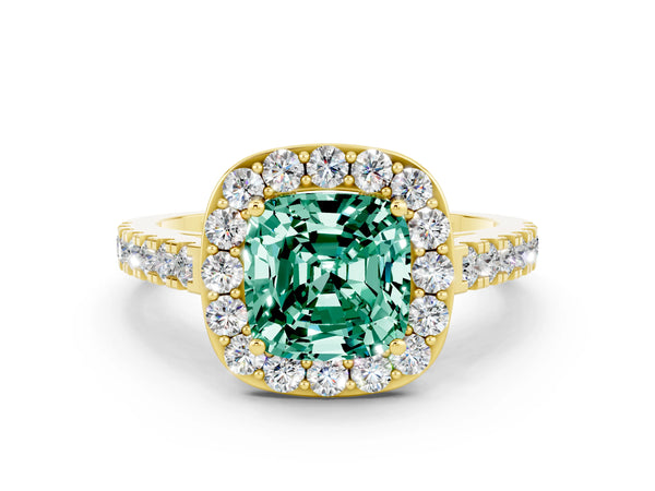 Yellow gold Cushion Cut Green Sapphire Halo Ring with Round Pavé Split Shank and Prong Setting