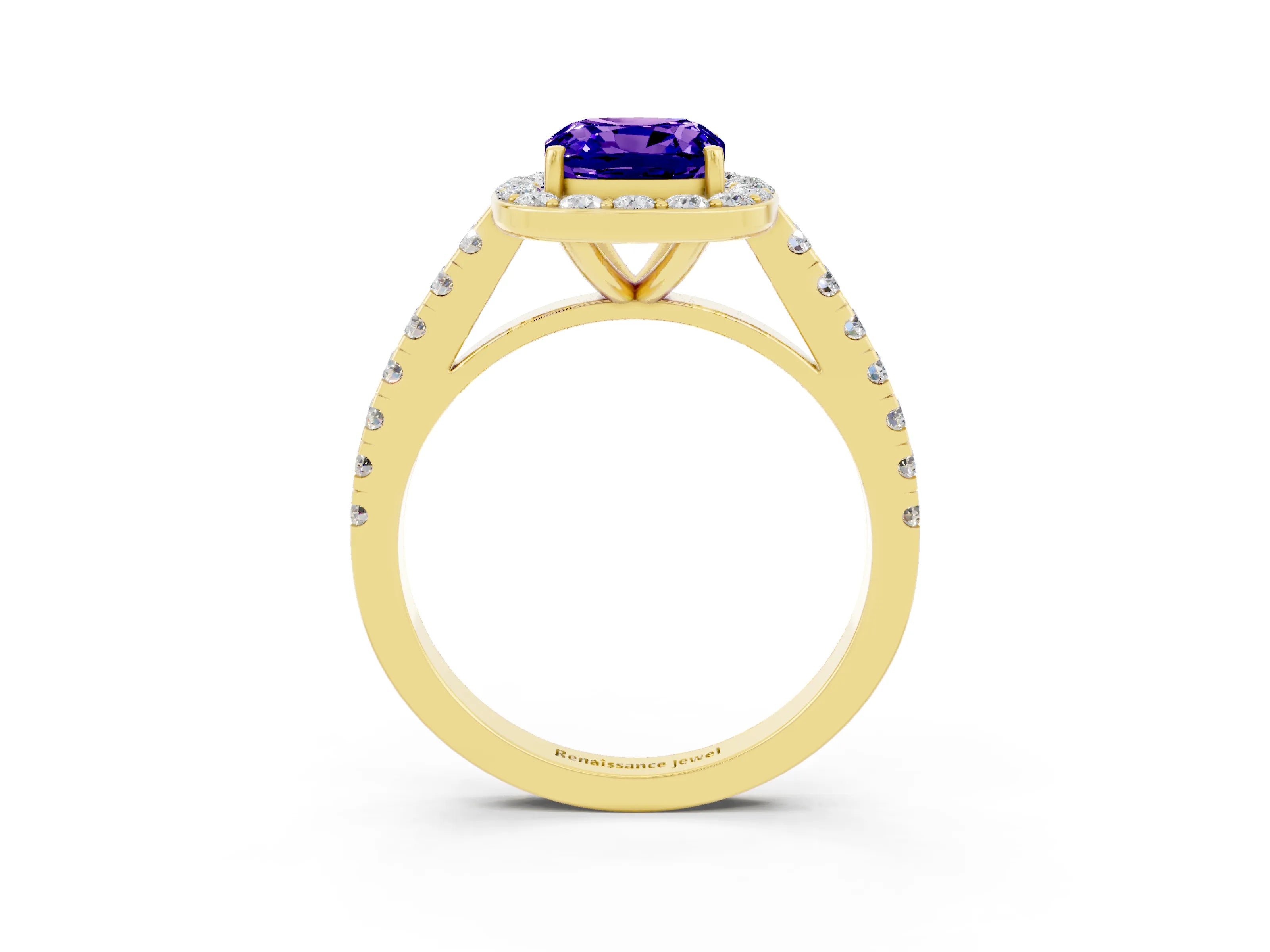Yellow gold Cushion Cut Halo Diamond Ring with Pavé Band and Three-Prong Setting_3