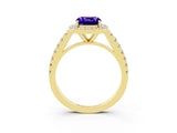 Yellow gold Cushion Cut Halo Diamond Ring with Pavé Band and Three-Prong Setting_3