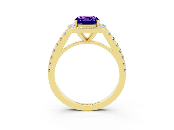 Yellow gold Cushion Cut Tanzanite Halo Ring with Round Pavé Split Shank and Prong Setting