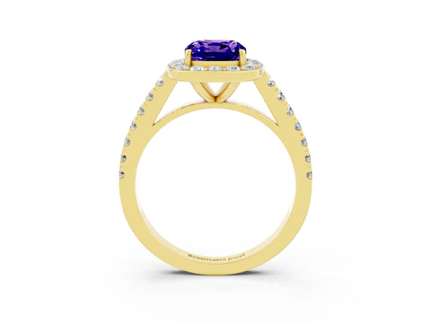 Yellow gold Cushion Cut Halo Diamond Ring with Pavé Band and Three-Prong Setting_3