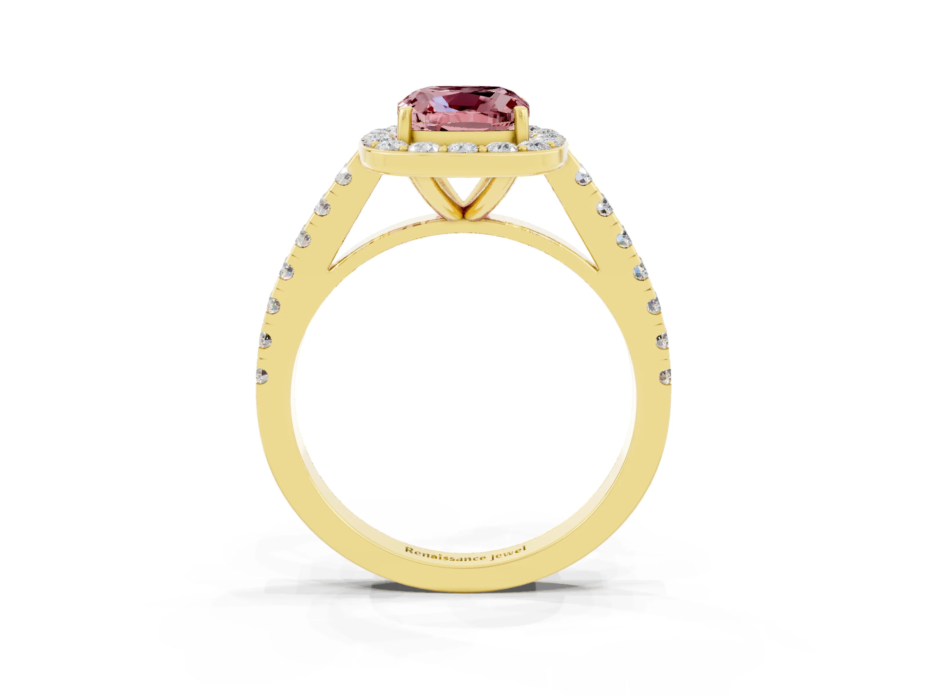 Yellow gold Cushion Cut Halo Diamond Ring with Pavé Band and Three-Prong Setting_3