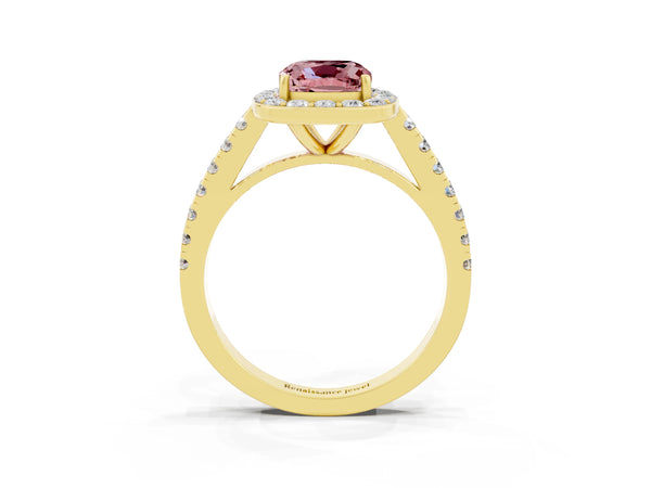 Yellow gold Cushion Cut Halo Diamond Ring with Pavé Band and Three-Prong Setting