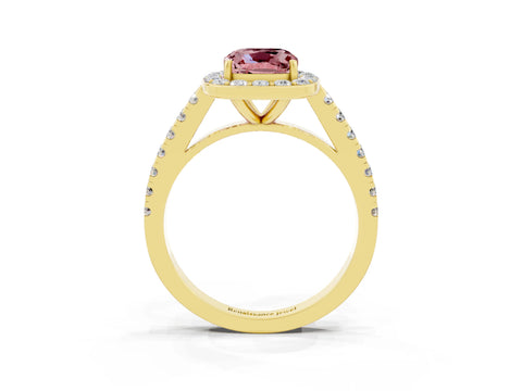 Yellow gold Cushion Cut Halo Diamond Ring with Pavé Band and Three-Prong Setting_3