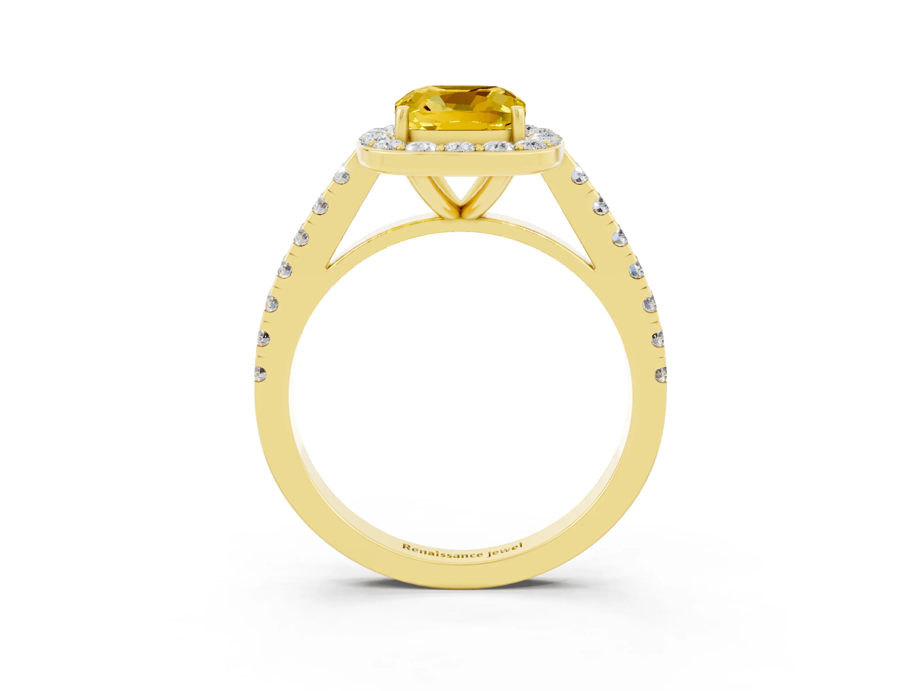 Yellow gold Cushion Cut Halo Diamond Ring with Pavé Band and Three-Prong Setting_3