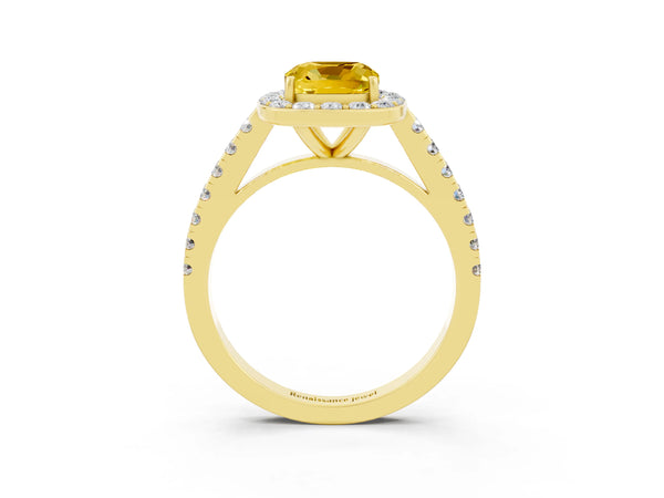 Yellow gold Cushion Cut Yellow Sapphire Halo Ring with Round Pavé Split Shank and Prong Setting