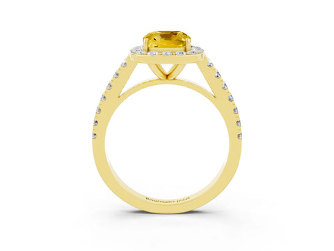 Yellow gold Cushion Cut Halo Diamond Ring with Pavé Band and Three-Prong Setting_3