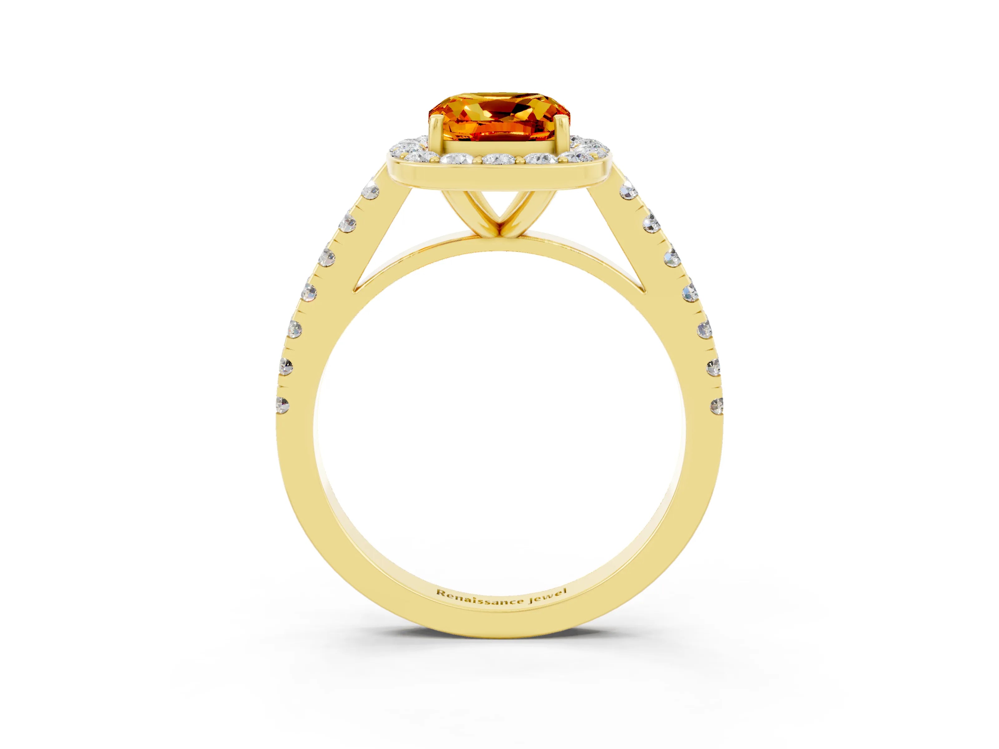 Yellow gold Cushion Cut Halo Diamond Ring with Pavé Band and Three-Prong Setting_3